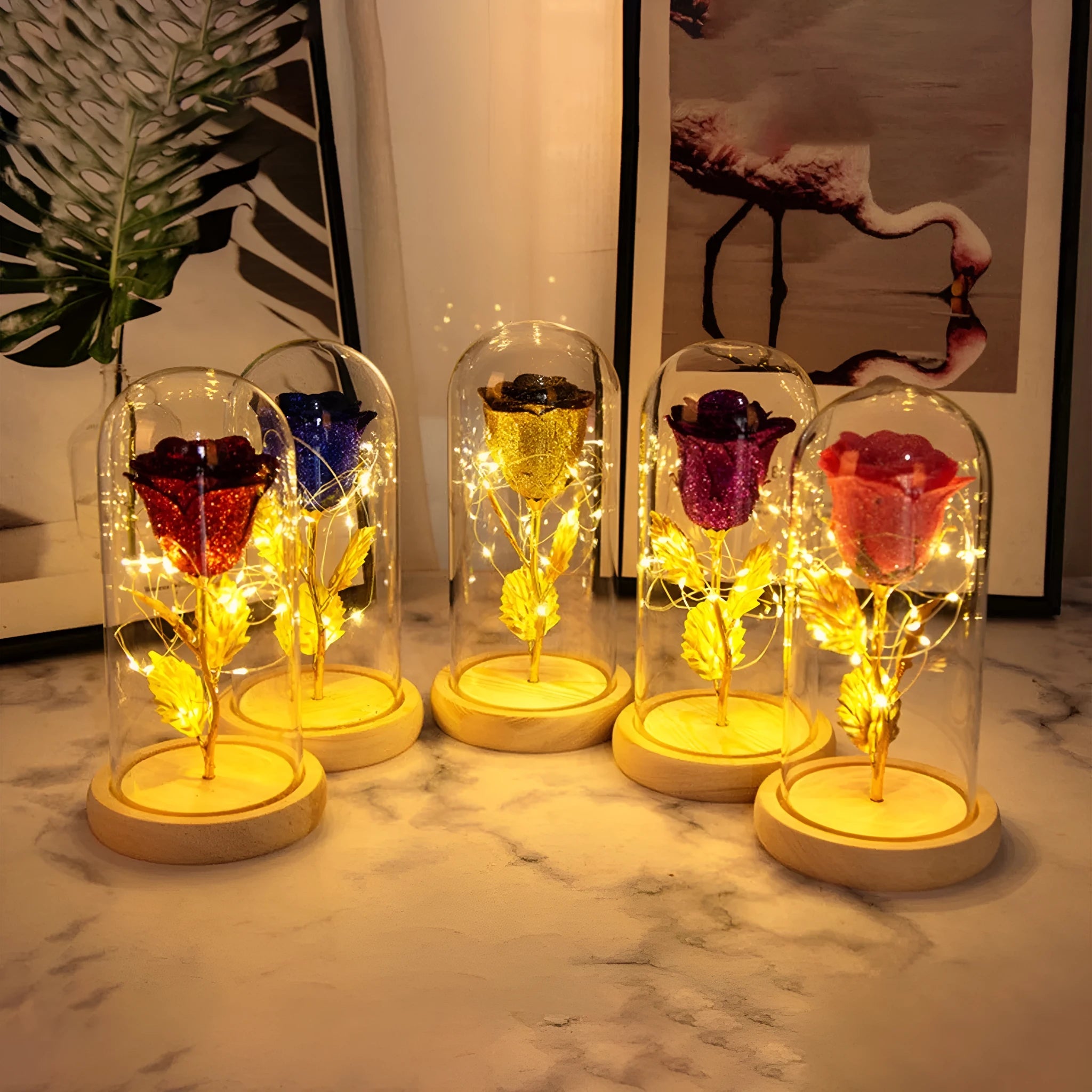 LED-lit eternal rose flower in glass cover with bendable copper wire, colours red gold grey blue pink rose red
