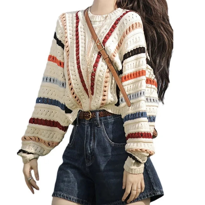 Rainbow striped pullover sweater with batwing sleeves and hollow knit texture