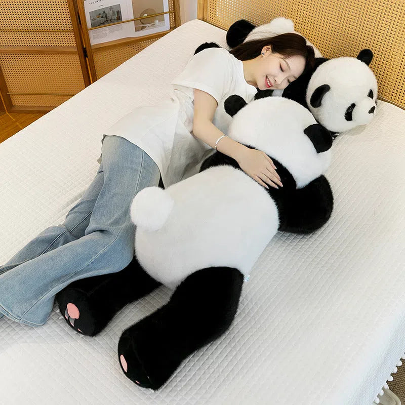 60cm lying style panda plush pillow with black and white plush fabric and PP cotton filling
