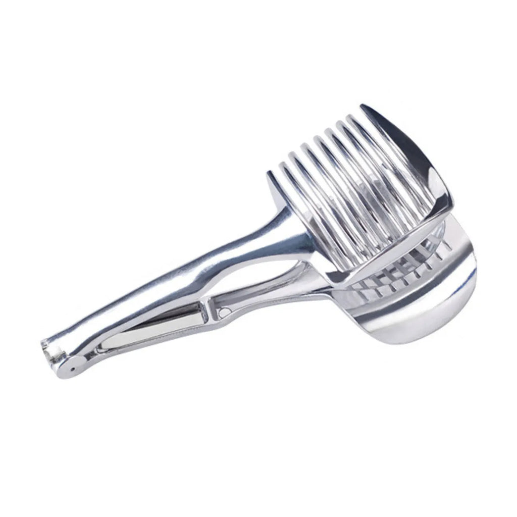 Silver plastic lemon slicer kitchen gadget showing folder design