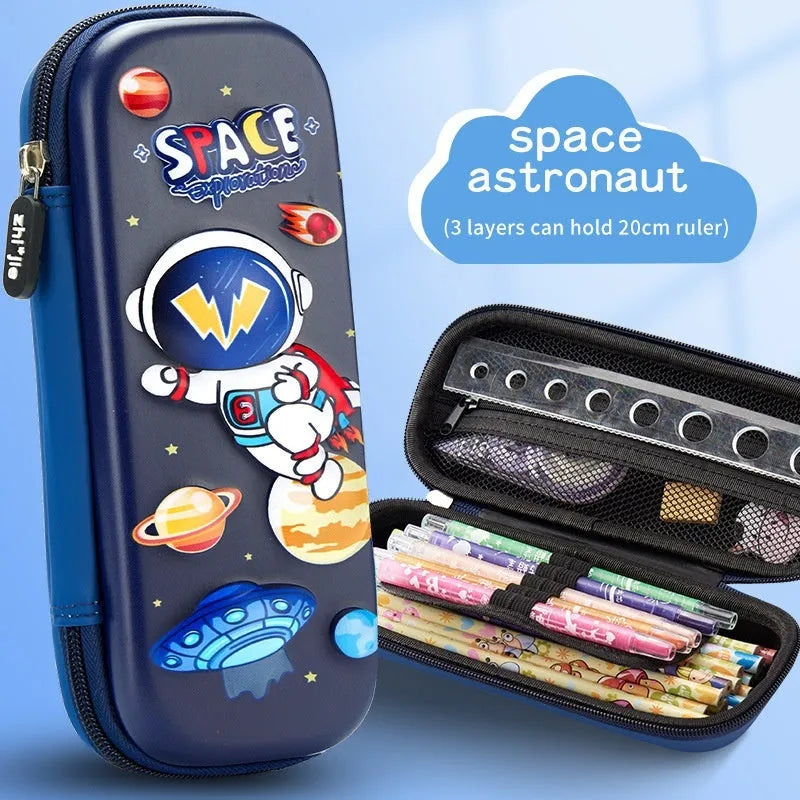 3D leather pencil case with zipper closure showing decorative space theme design
