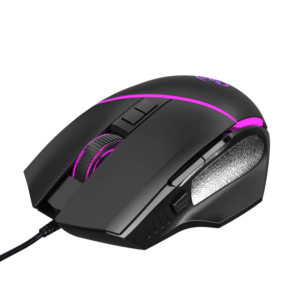 Black wired gaming mouse with 8 buttons, 6400 DPI adjustable sensor, 7-colour breathing light, and 150cm USB cable