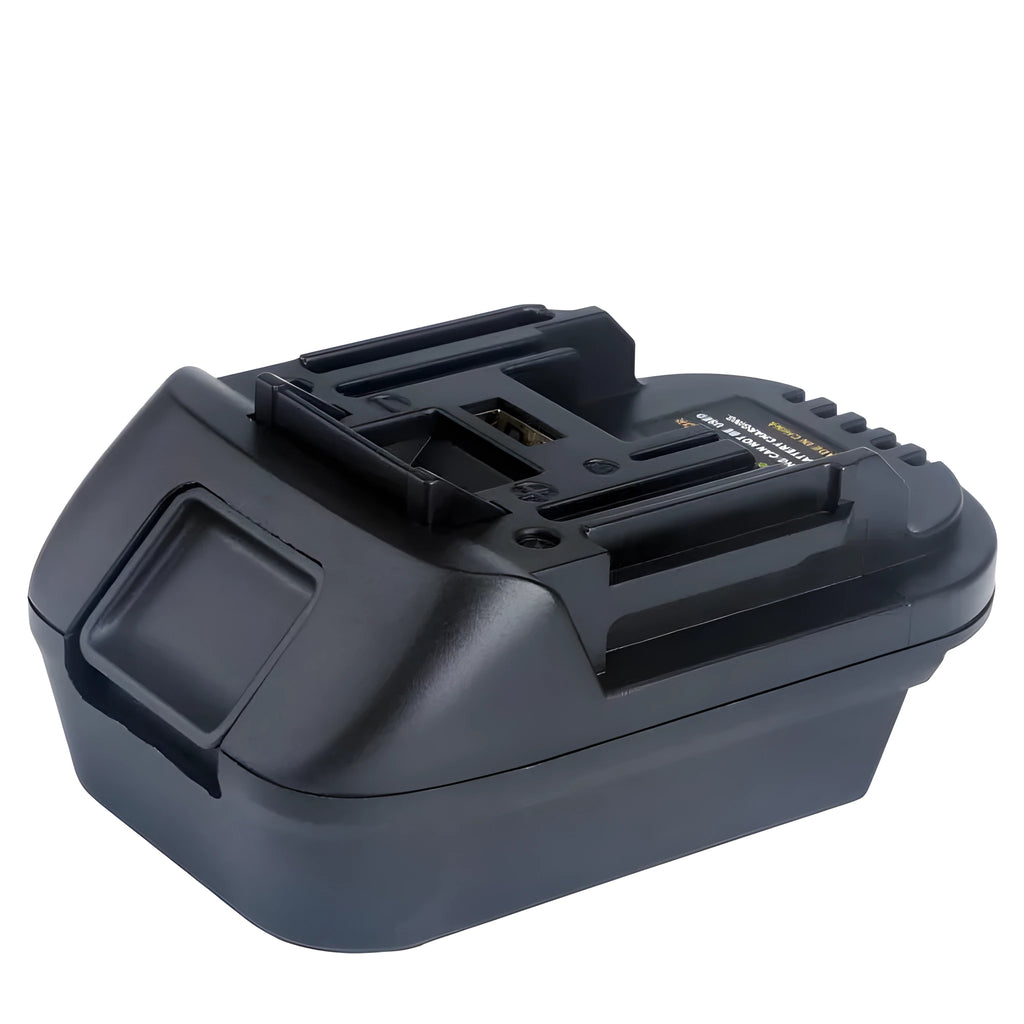 Black Milwaukee DM18M to MAKITA H99F battery adapter showing terminal connections and compact 125mm design
