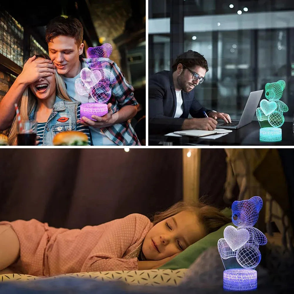 3D teddy bear LED night light with acrylic panel, 16-colour remote and touch control, USB or AAA battery power