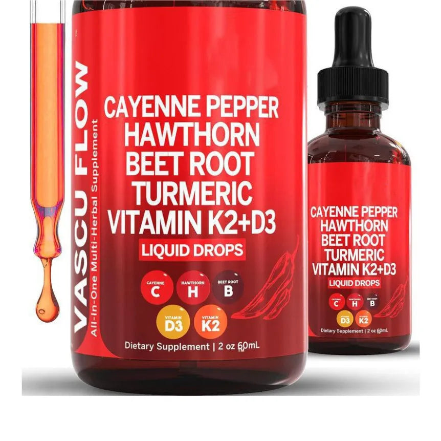 A 60ml glass bottle of Vitamin D3 K2 hawthorn fruit liquid supplement drops with a built-in dropper.
