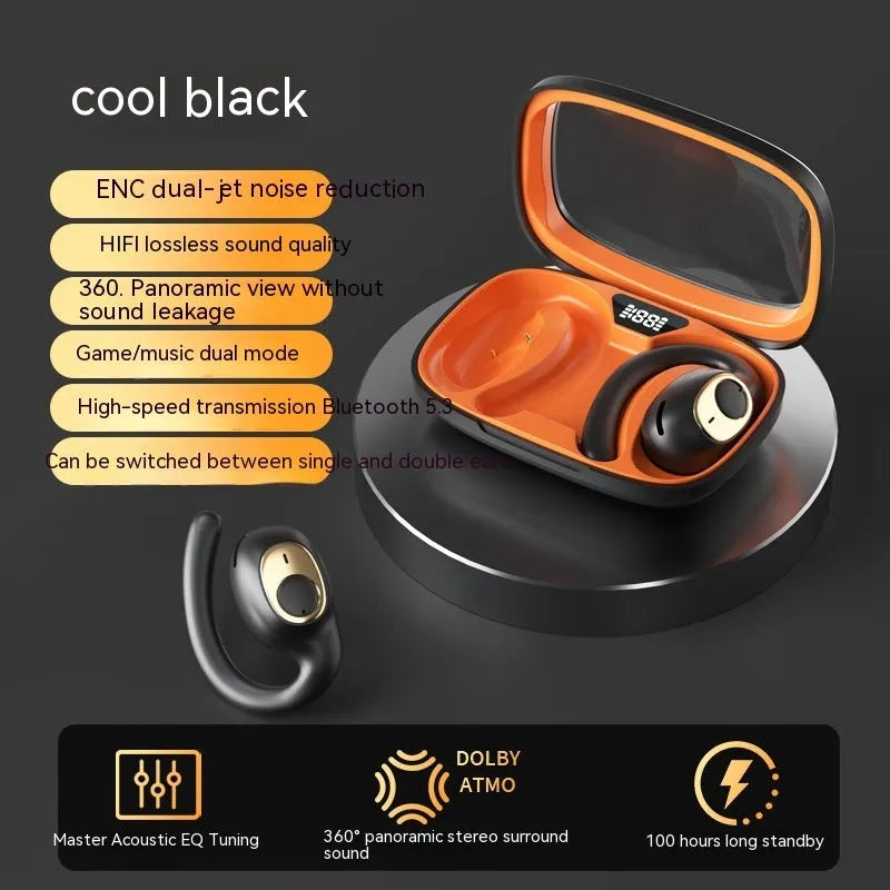 Bluetooth sports headset with ear hook, digital display, black or ivory white, silicone plastic.