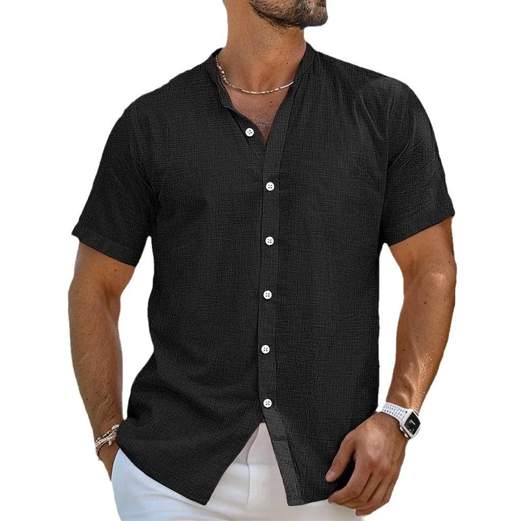 Men's light blue Henry collar cardigan shirt with short sleeves and loose fit linen blend fabric