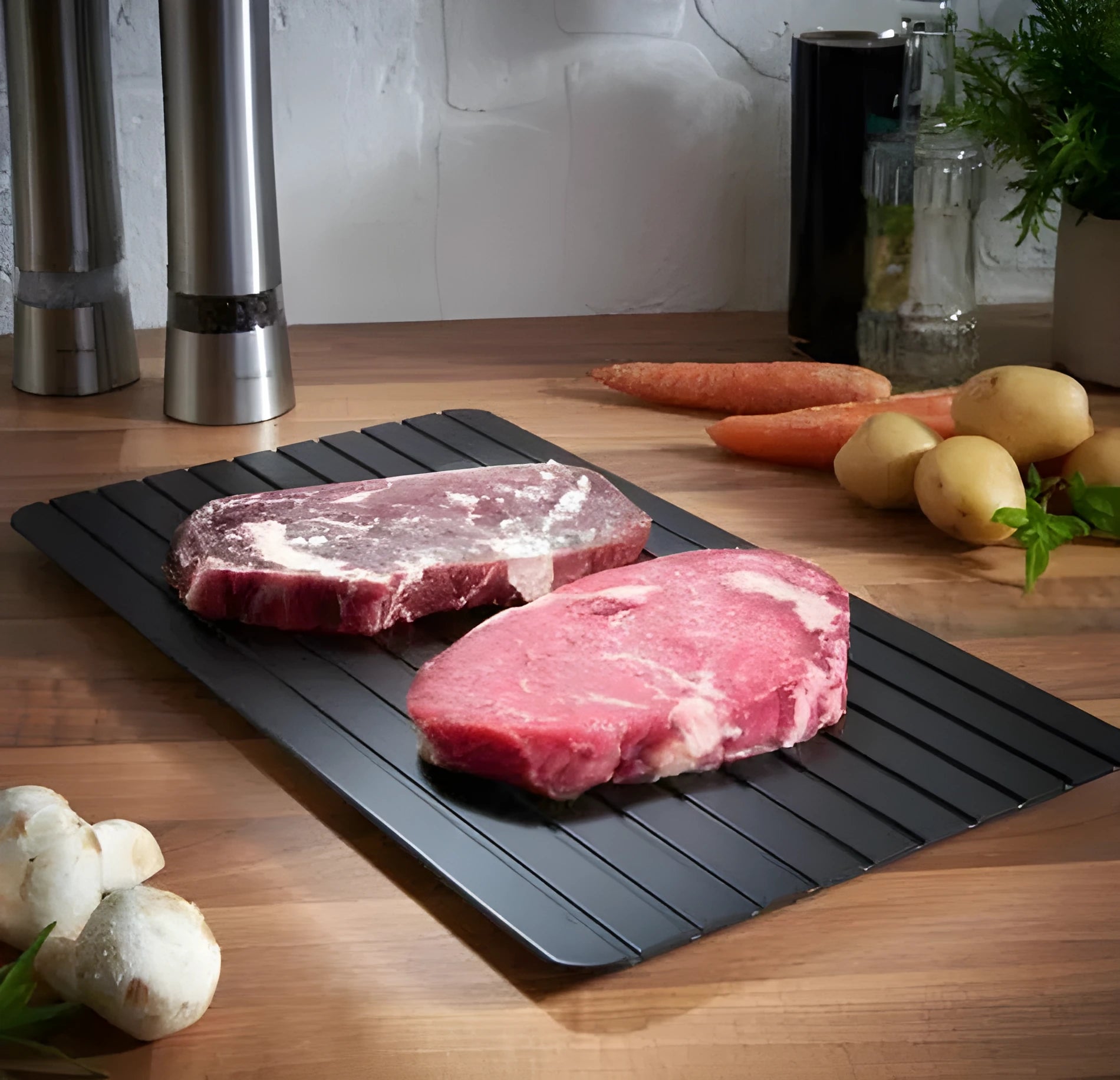 Black aluminium quick defrosting tray for thawing frozen food without electricity