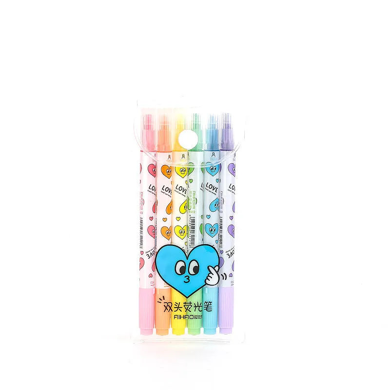 Set of six double-headed highlighter pens in pink, orange, yellow, green, blue, and purple colours.
