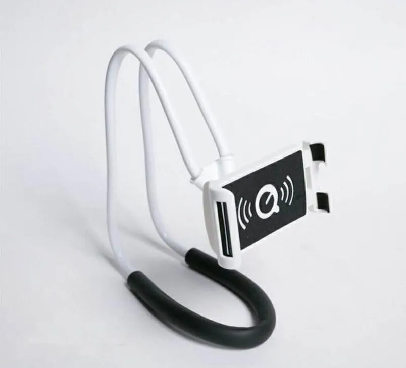 White universal phone holder with 360-degree rotation mechanism holding a smartphone