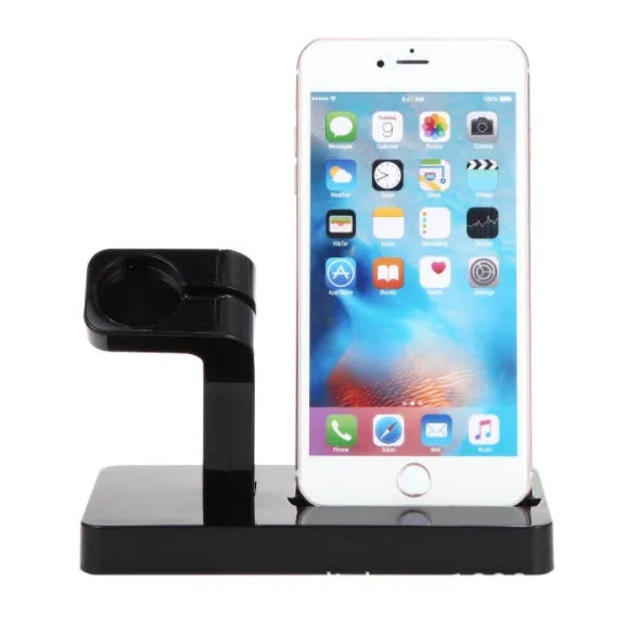 White 2-in-1 charging dock station for iPhone and Apple Watch on a desk