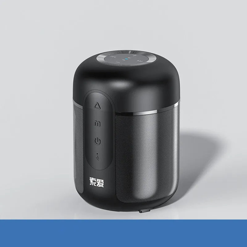 Black wireless portable Bluetooth speaker with 30W output, 1500mAh battery, measuring 72mm by 99mm
