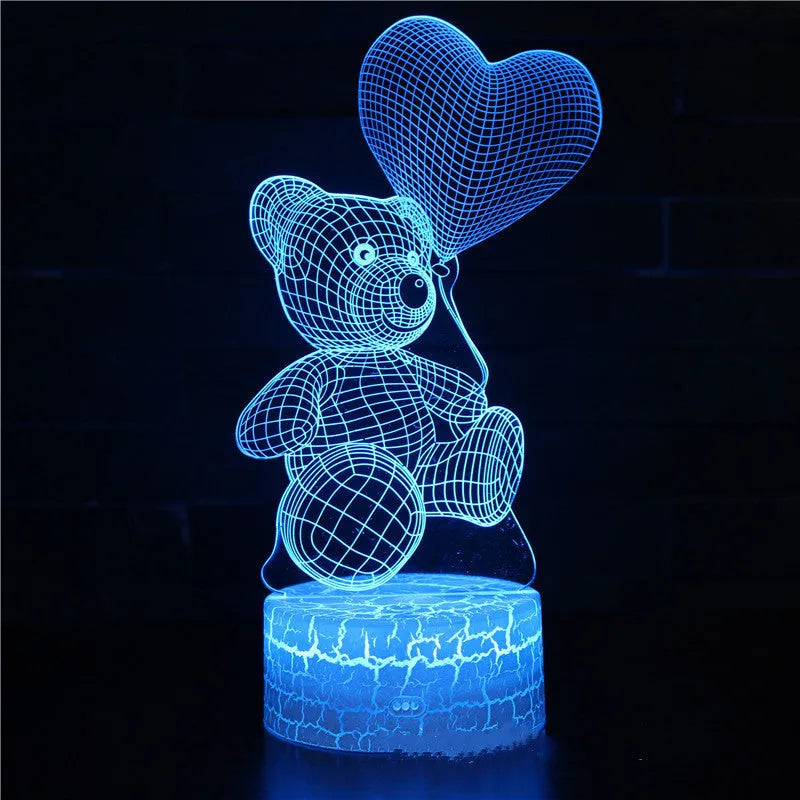 3D teddy bear LED night light with acrylic panel, 16-colour remote and touch control, USB or AAA battery power