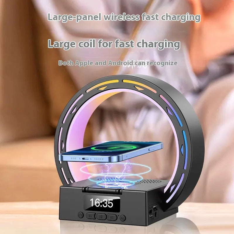 4-in-1 wireless Bluetooth speaker charging pad bedside lamp with digital alarm clock in black or white colour