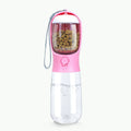 Portable plastic pet cup with 550ml water and 100g grain compartment, detachable design, shown in milk white, pink or turquoise