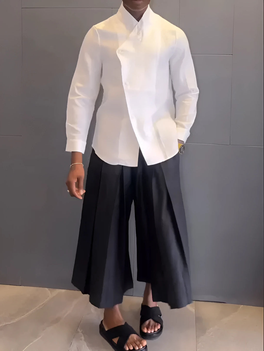 White asymmetric front long sleeve shirt with black pleated trousers casual matching set