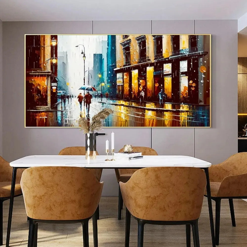 Handmade abstract urban architectural oil painting on canvas, horizontal framed-less rolled wall art for modern home decor