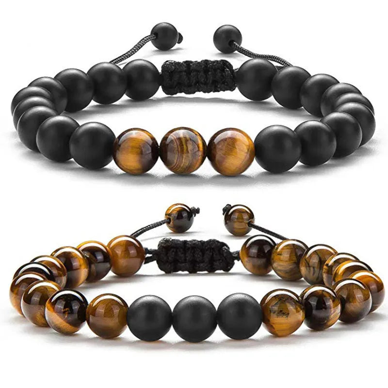 Tiger Eye couple bracelets with matte black agate beads in geometric design on wrist