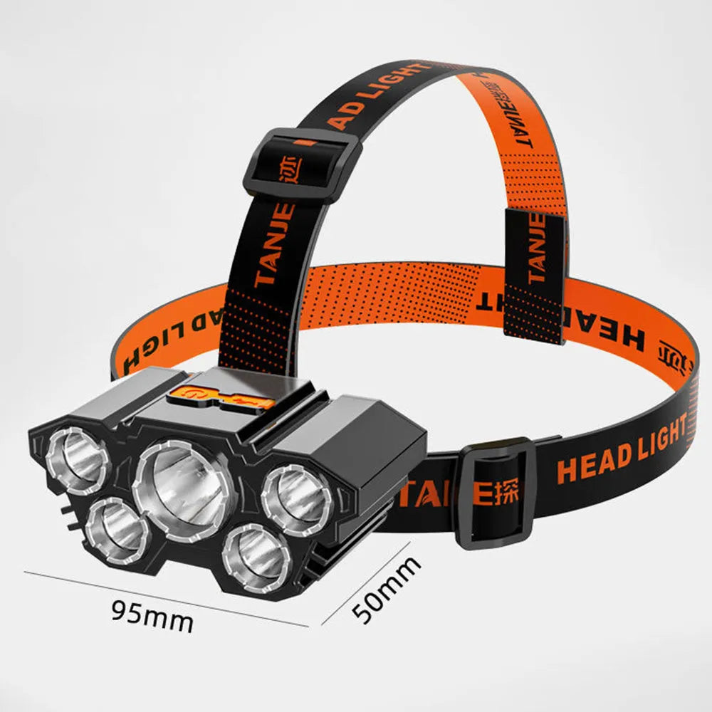 Rechargeable five head LED fishing headlamp with USB charging, 4500 lumens and 180-degree adjustable head
