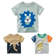 Children's cotton T-shirt with green lion print, showing size chart for 90cm to 140cm.