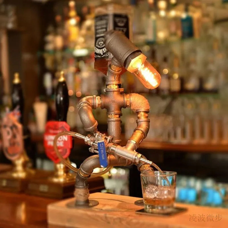 Iron pipe industrial retro table lamp with customisable water pipe design on wooden desk