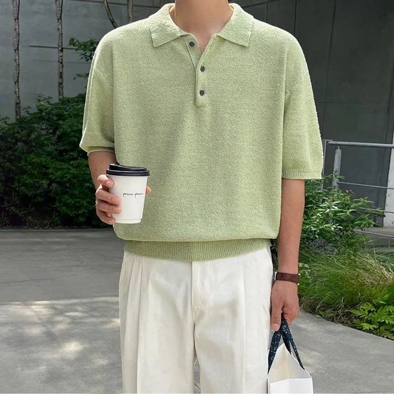 Men's simple retro knitted polo shirt with asymmetric design in caramel colour, short sleeves for summer