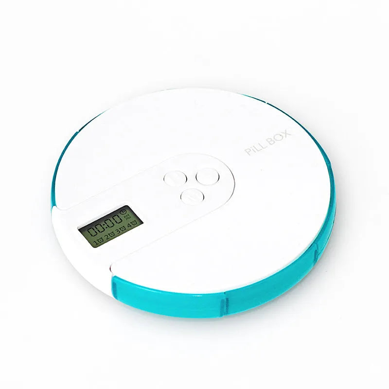 7-compartment alarm clock pill dispenser in multiple colours with timer display and compact 11 cm size