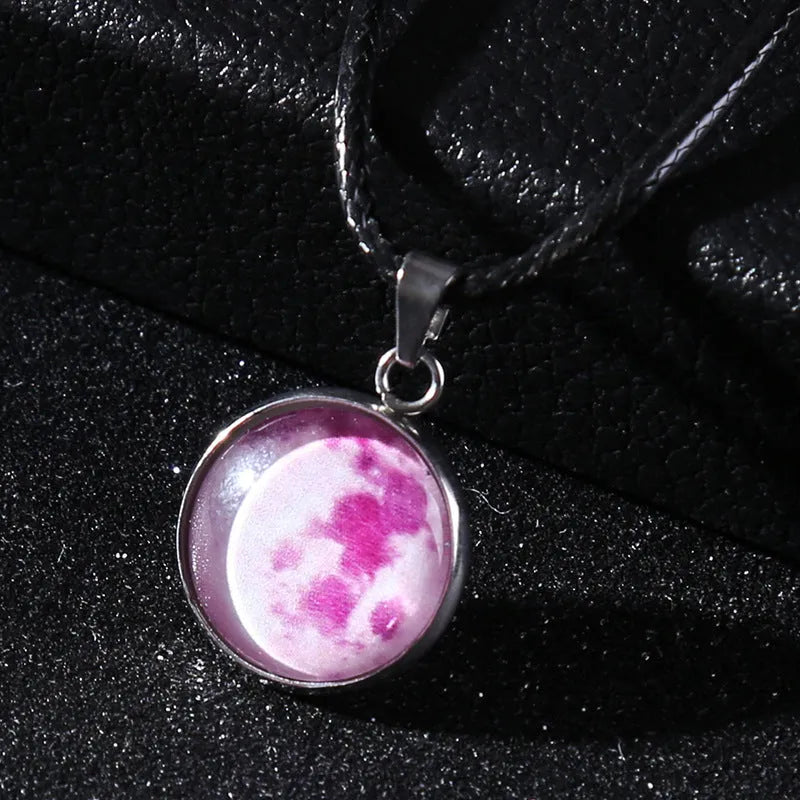 Time Stone constellation pendant necklace with organic glass pendant and alloy chain, showing adjustable length and colour options.