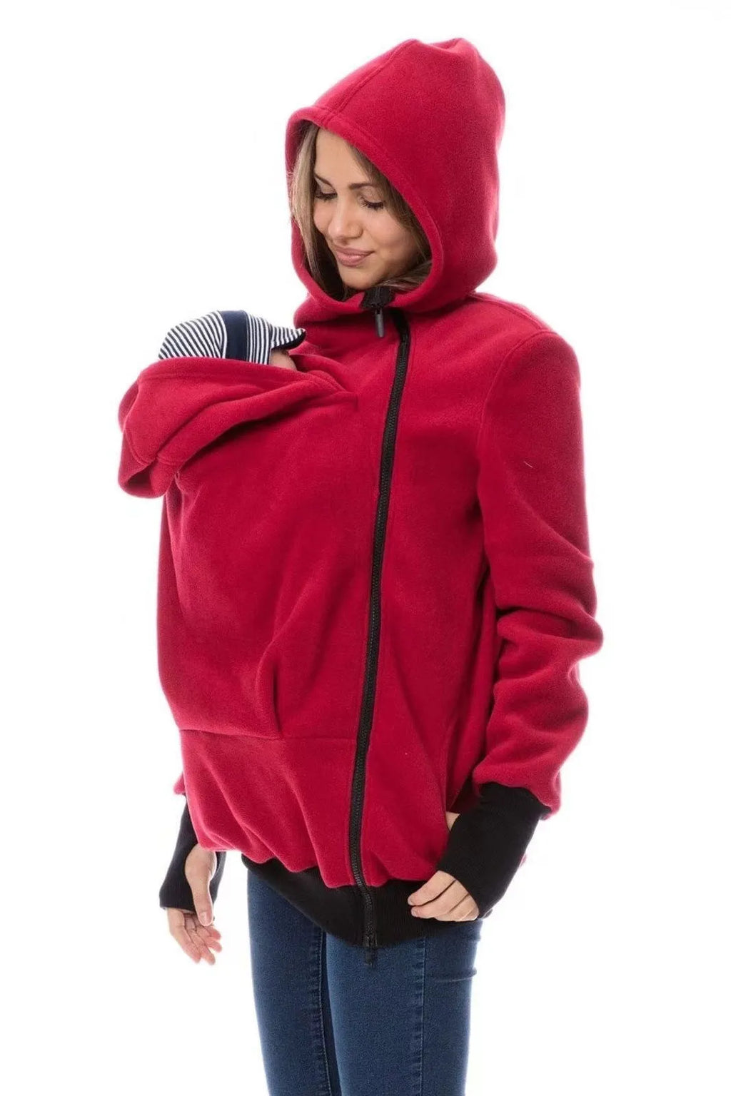 Red women's loose polar fleece sweater with long sleeves for autumn winter wear