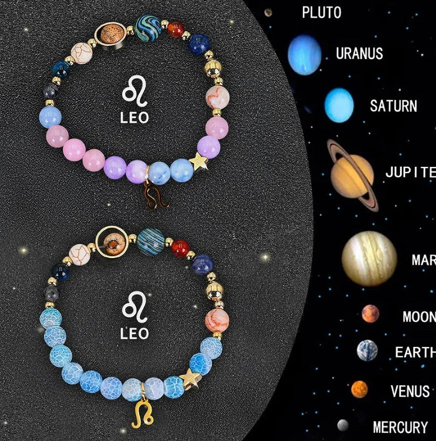 Twelve Zodiac Sign beaded bracelet set with natural stone beads and adjustable closures on a wrist