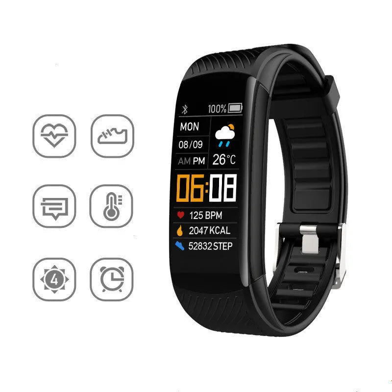 Black TPU pedometer bracelet with 0.96-inch touchscreen displaying step count on wrist