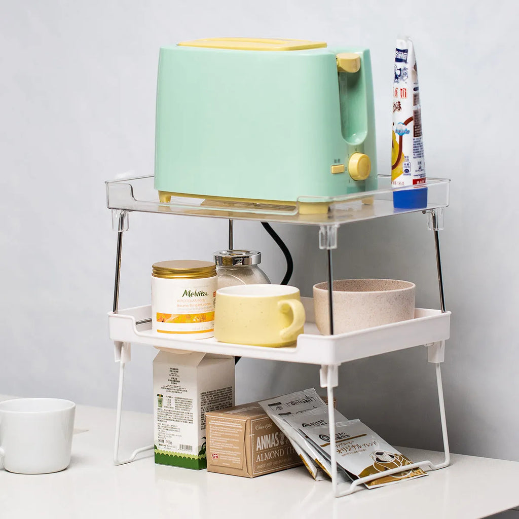 Wall-mounted kitchen supplies rack with adjustable shelves in transparent or white plastic