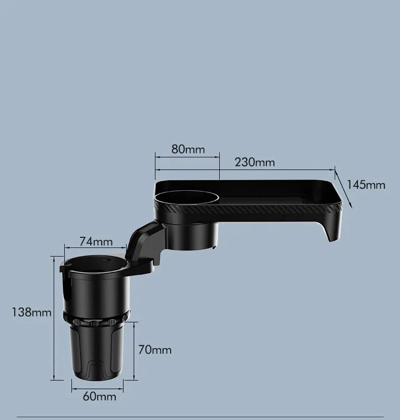 Black car-mounted rotating dinner tray holder installed in vehicle cup holder showing 360-degree rotation capability