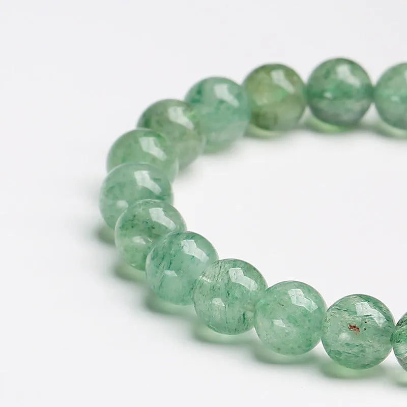 Green strawberry quartz bracelet with 7.5mm beads in hand-woven single circle ball design