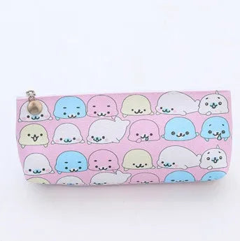 Blue triangle PU leather stationery bag with cartoon expressions and large zipper