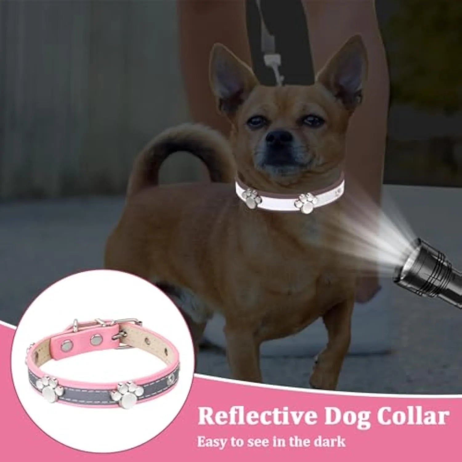 Reflective adjustable dog collar with decorative paw rivet on soft PU leather