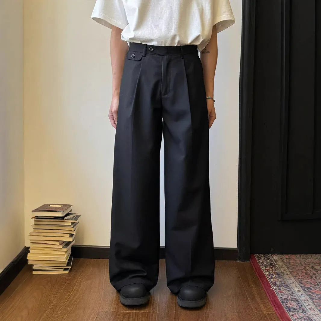 Men's straight-leg trousers with loose wide-leg design in brown or black colour options