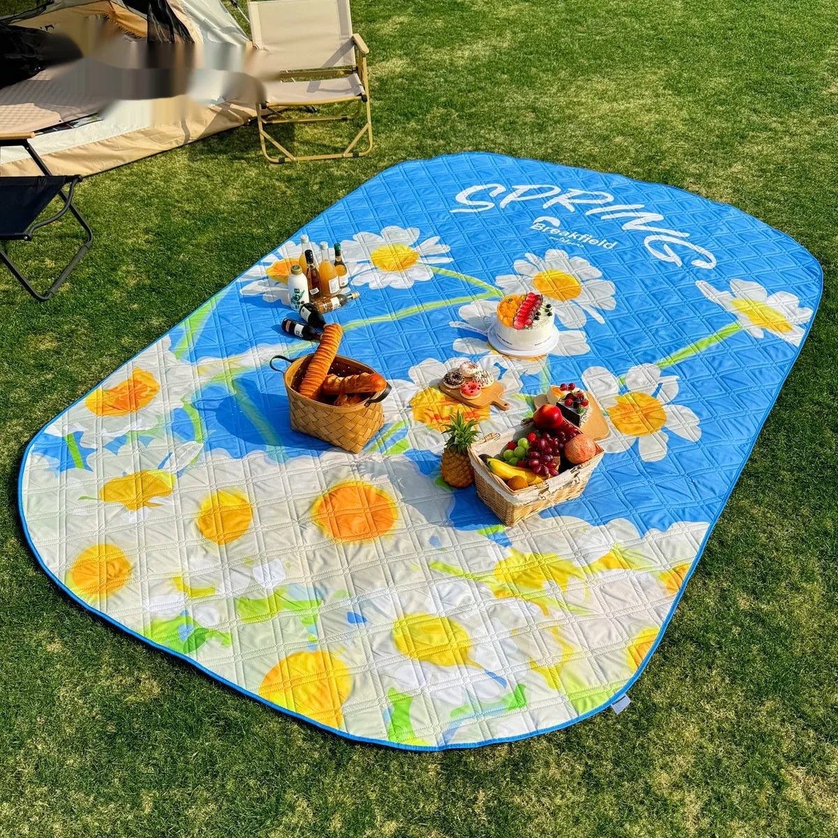 Waterproof ultrasonic thickening picnic mat in Four Seasons Series colour on grass, showing 2x3m size for outdoor use