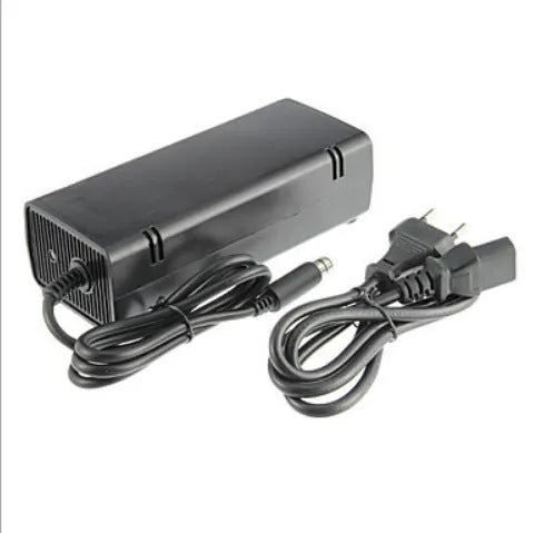 Black XBOX 360E AC power adapter with cable, compatible with multi-region consoles.