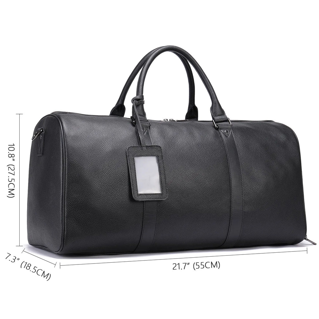 Men's black leather tote bag with single strap, showing 44cm length and plain design
