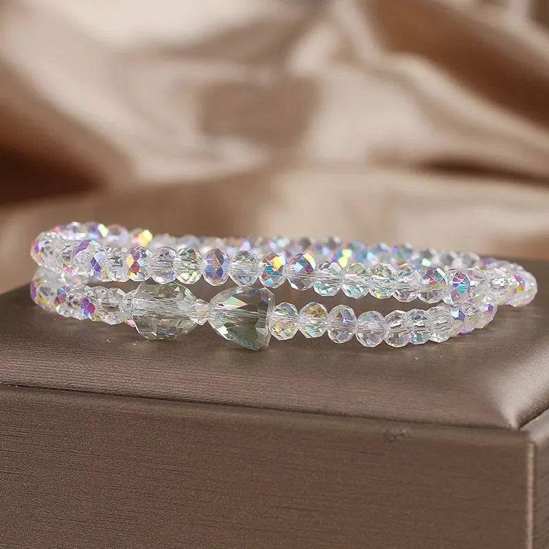 Women's double-circle crystal bow bracelet in white, green, or pink Mori style with colourful crystal design
