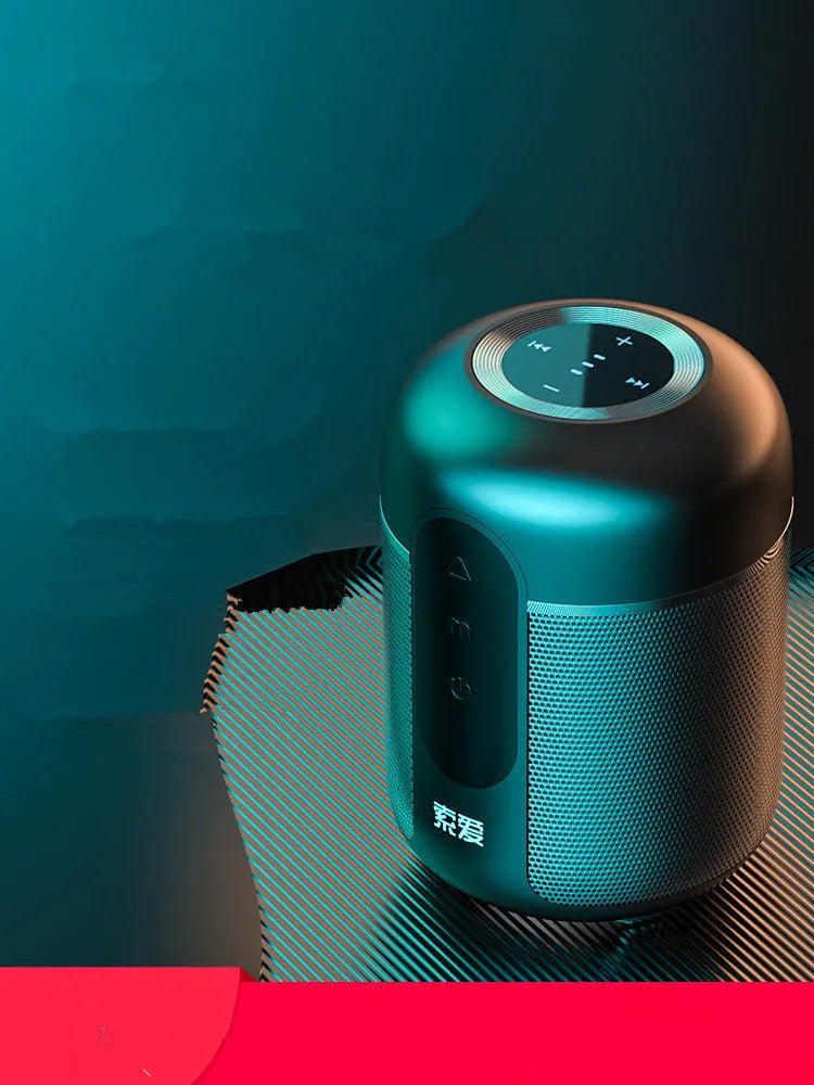 Black wireless portable Bluetooth speaker with 30W output, 1500mAh battery, measuring 72mm by 99mm