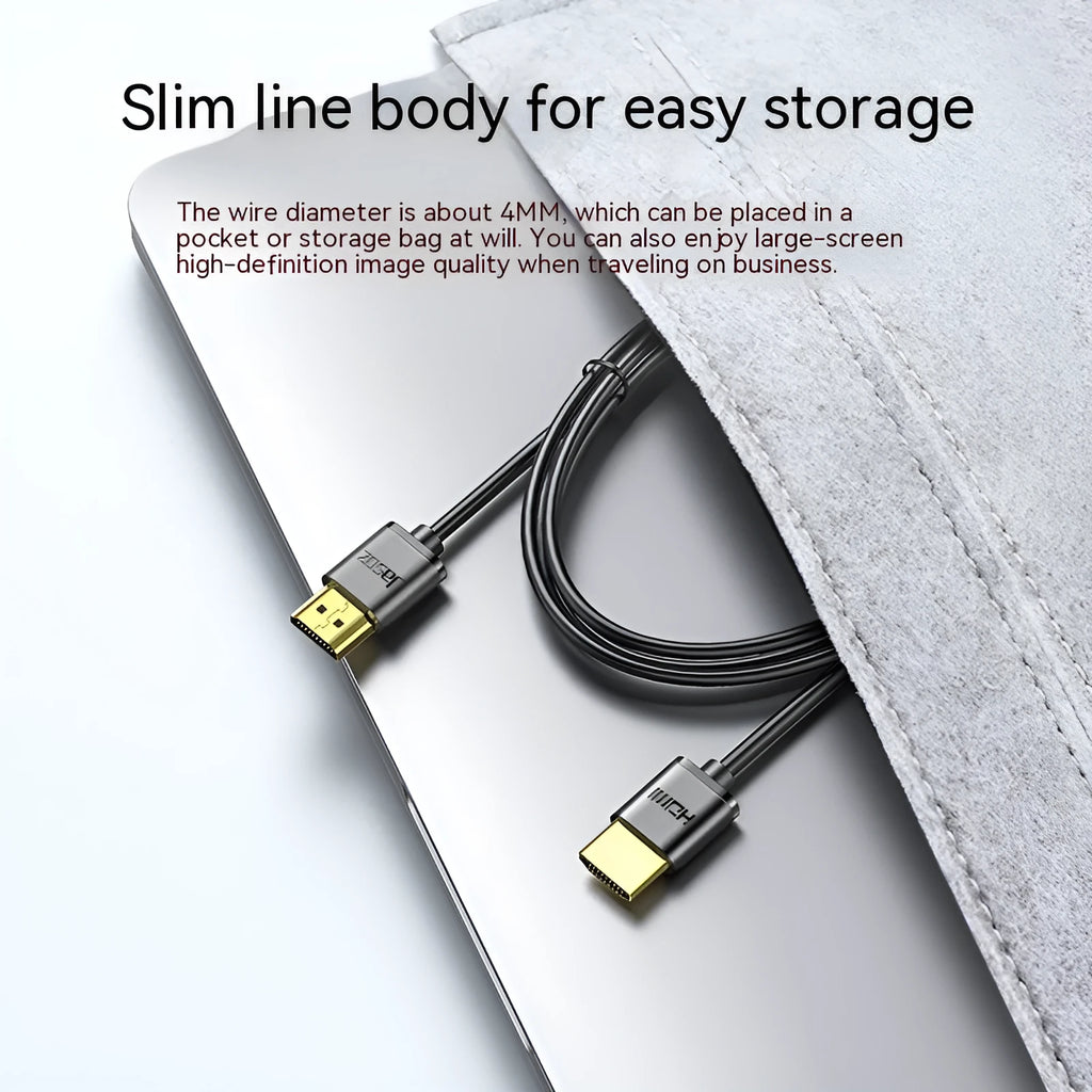 Flexible HDMI video cable with gold-plated connectors and hairline rule design, available in multiple lengths.