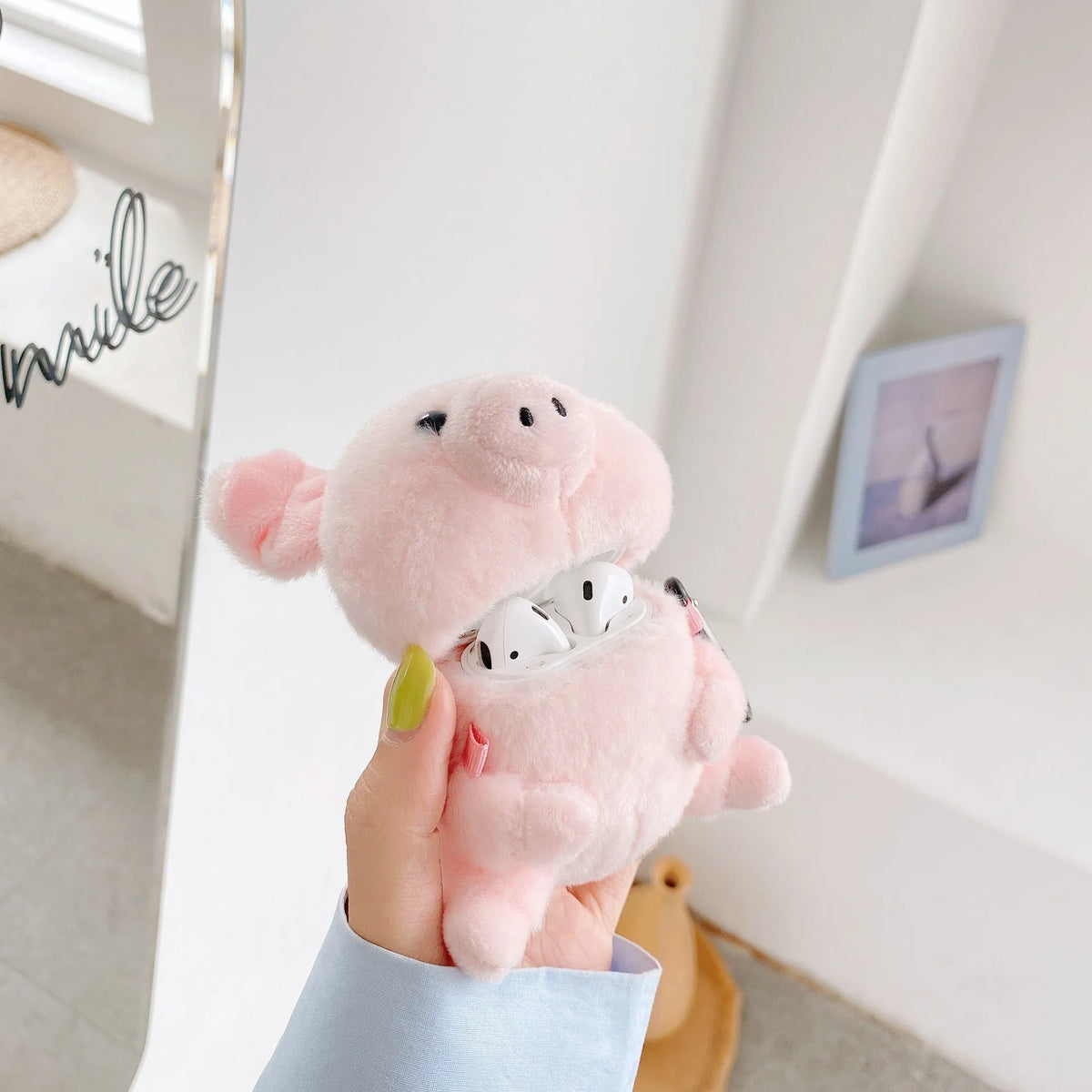 Pink pig cartoon plush earphone case for Apple AirPods 1 and 2, PC back cover with injection moulded shell