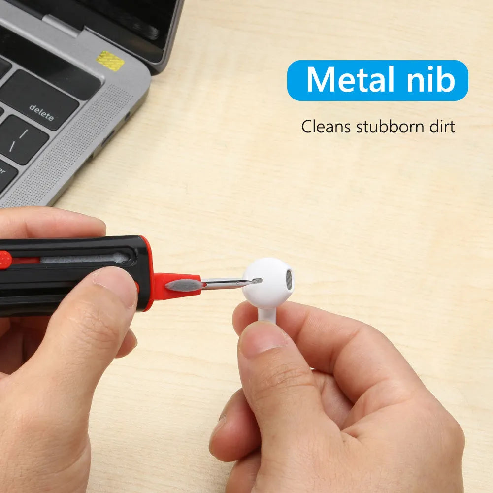 White and red cleaning pen for AirPods Pro with multiple heads including a brush and metal nib.