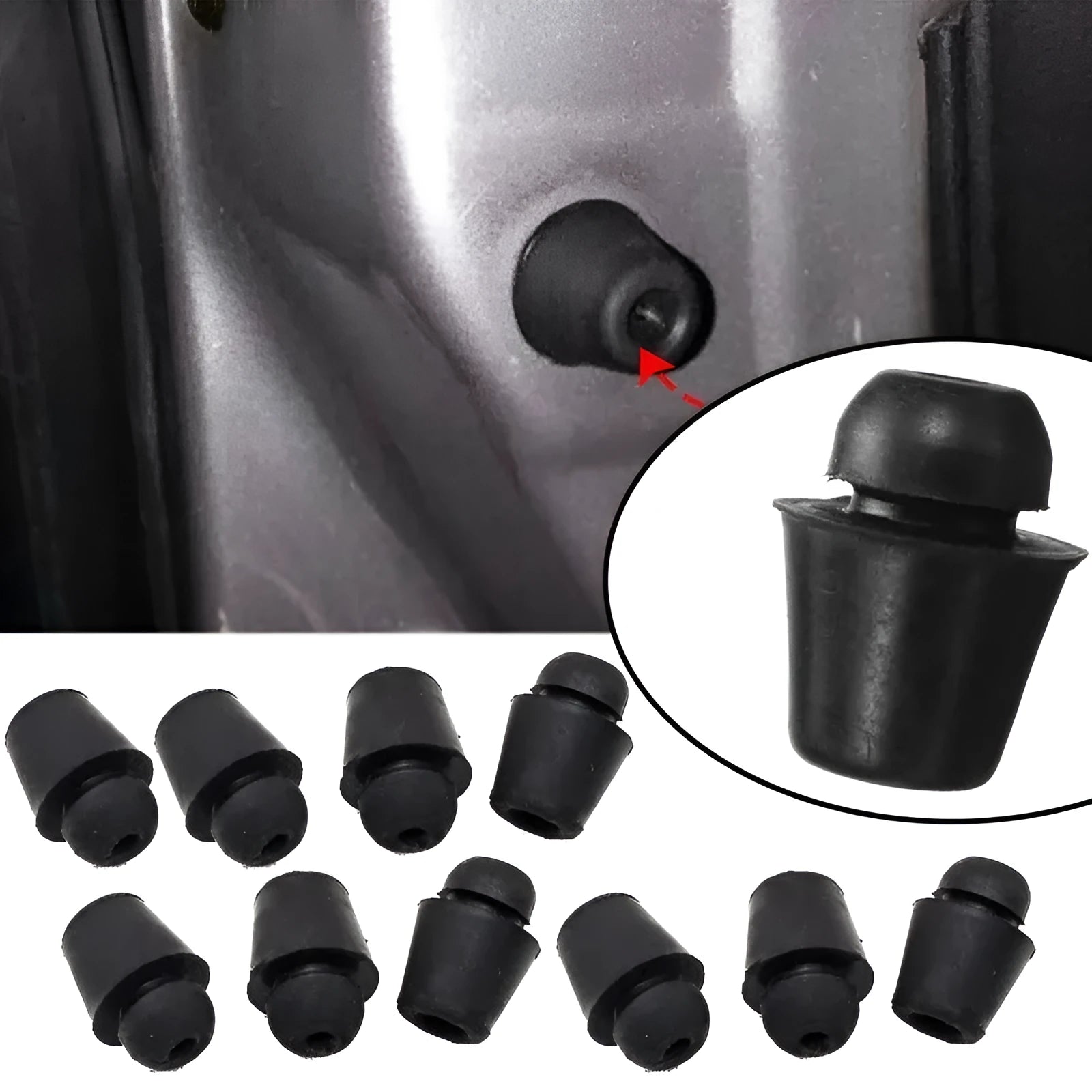 Black rubber automotive buffer clips for vibration reduction in vehicle interiors and engine compartments