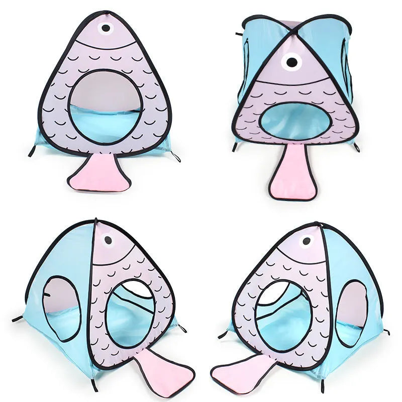 Foldable pet tent cat tunnel with collapsible design and cat-fish graphics