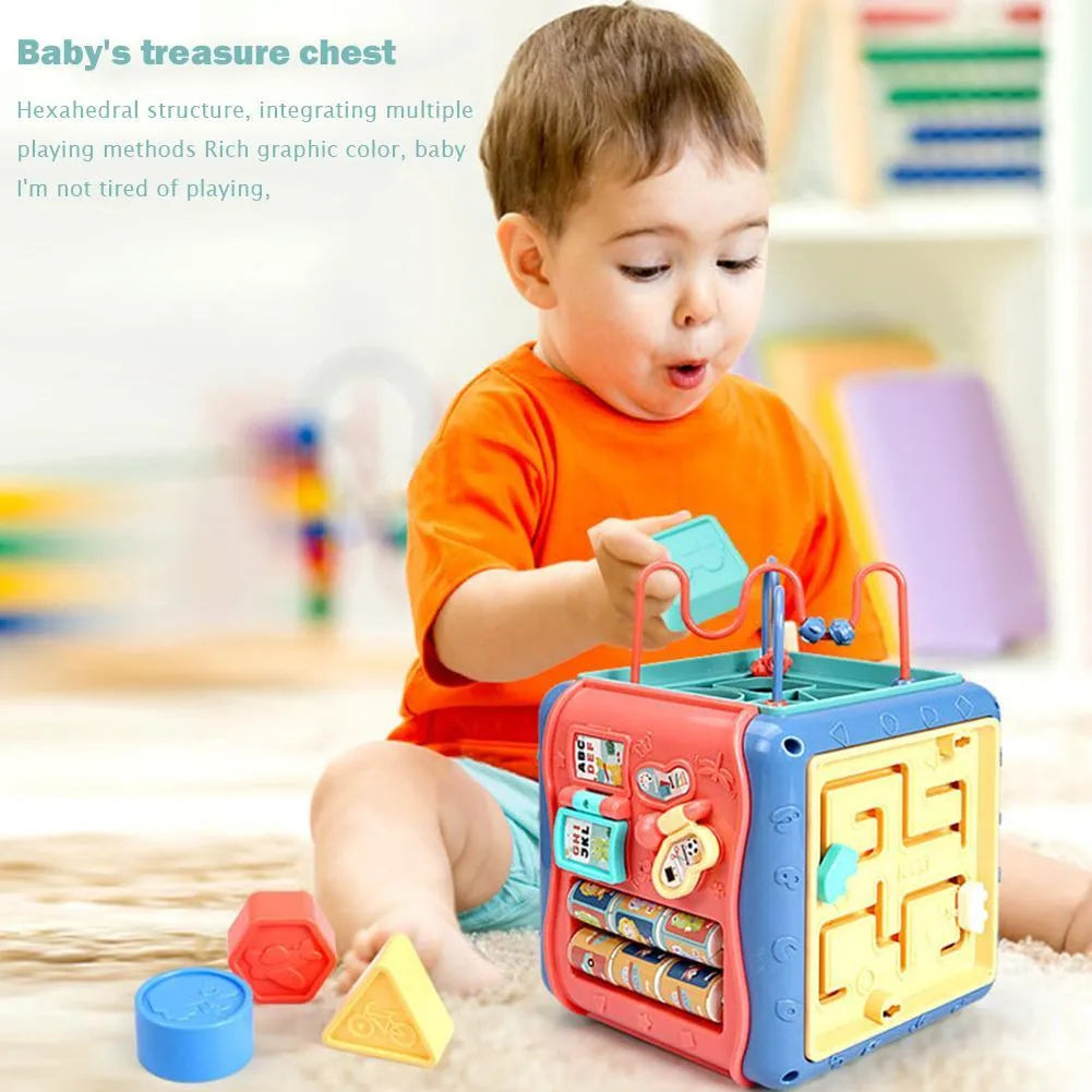 Montessori hexahedron educational toy with six different learning activities on each side