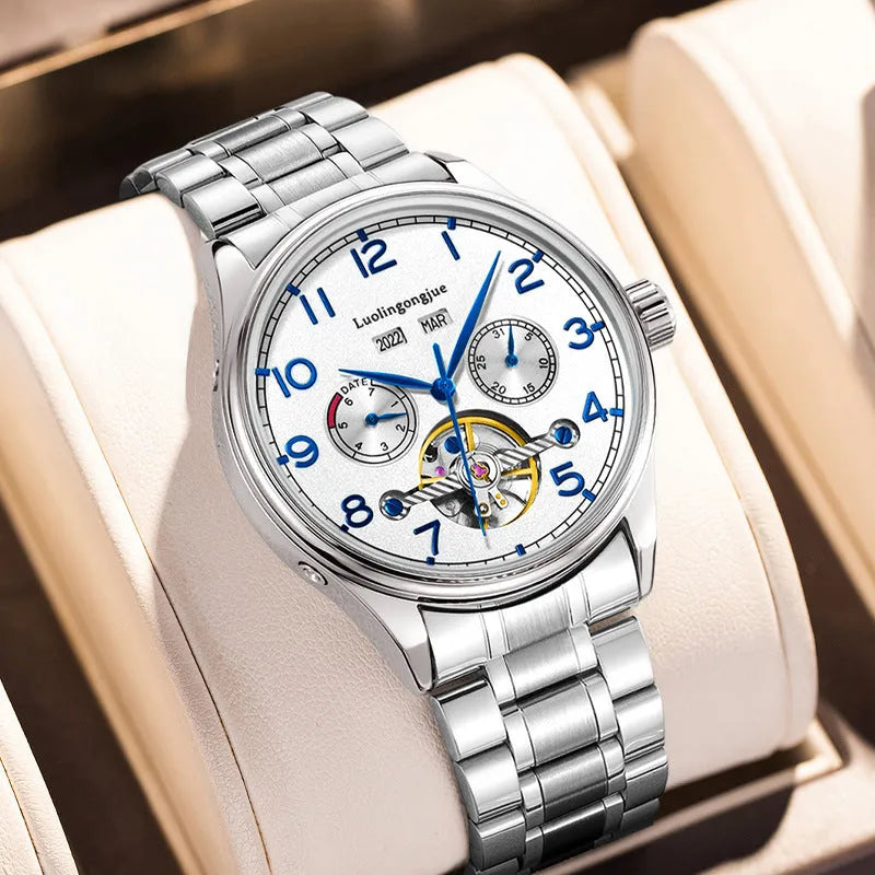 Men's stainless steel mechanical watch with sapphire crystal glass and genuine leather strap showing transparent case back