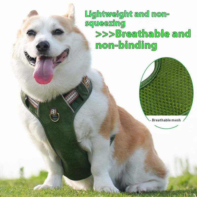 Brown leather dog harness with reflective stitching and explosion-proof D-ring